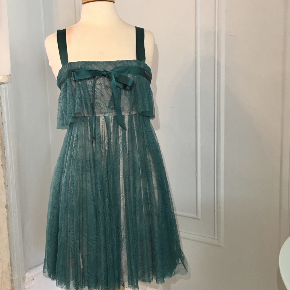 Galliano sheer teal lace dress 42 size 6 $765
